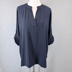 Premise Woman 1X Navy Blue Tunic Blouse Roll Tab Sleeve Split Neck Plus Size